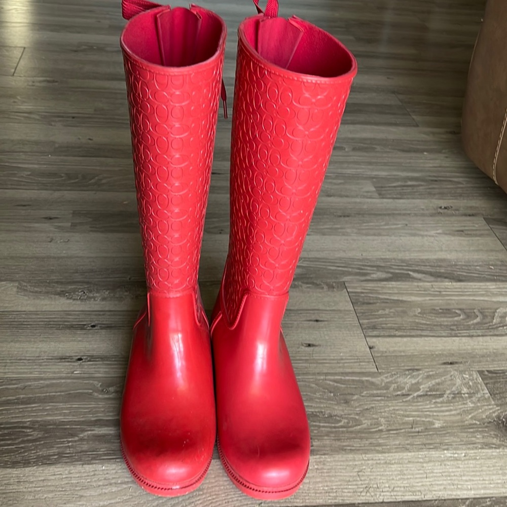 Coach red tall winter rain boots with tie back